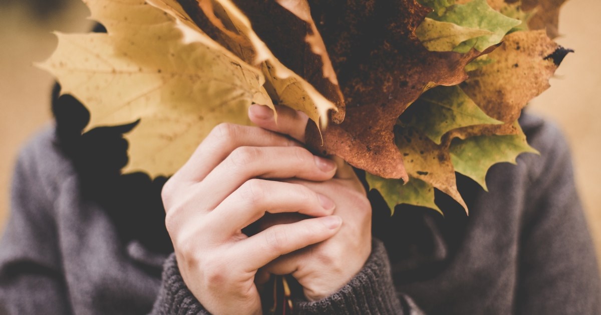 Nærbilde av en person som holder store blader i høstfarger foran ansiktet