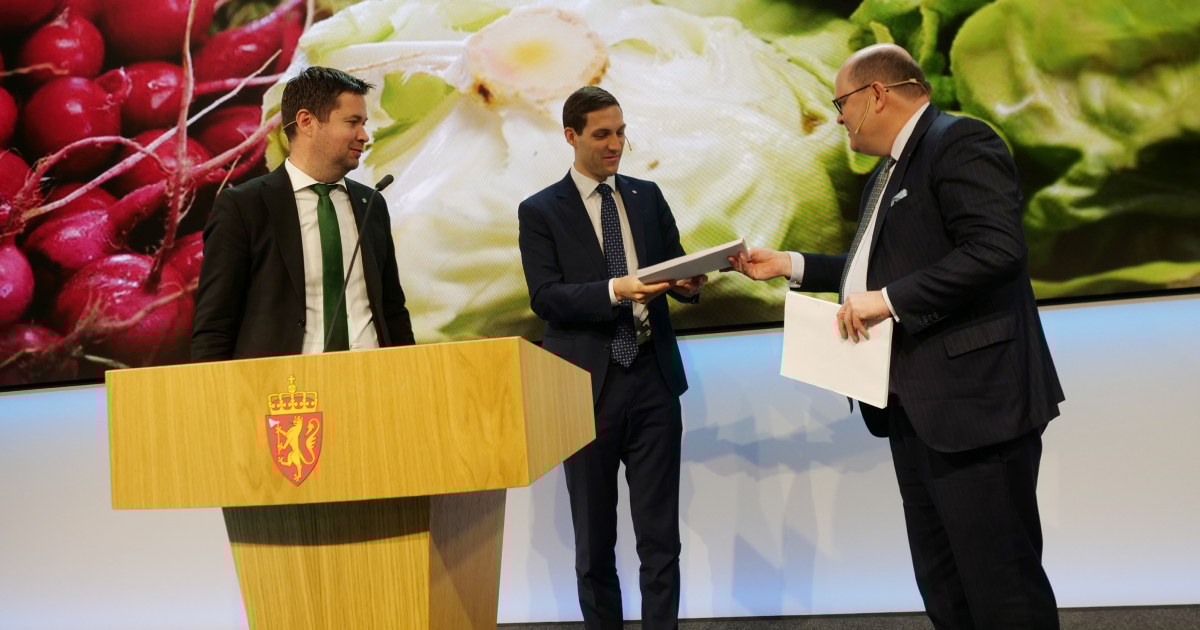 Petter Haas Brubakk overleverer rapporten til statsrådene Andreas B. Eriksen og Geir Pollestad.