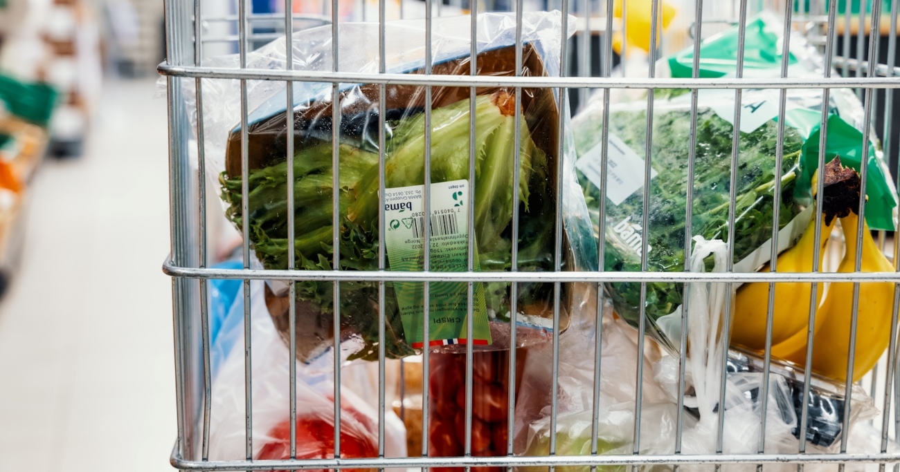 Nærbilde av handlevogn med grønnsaker.